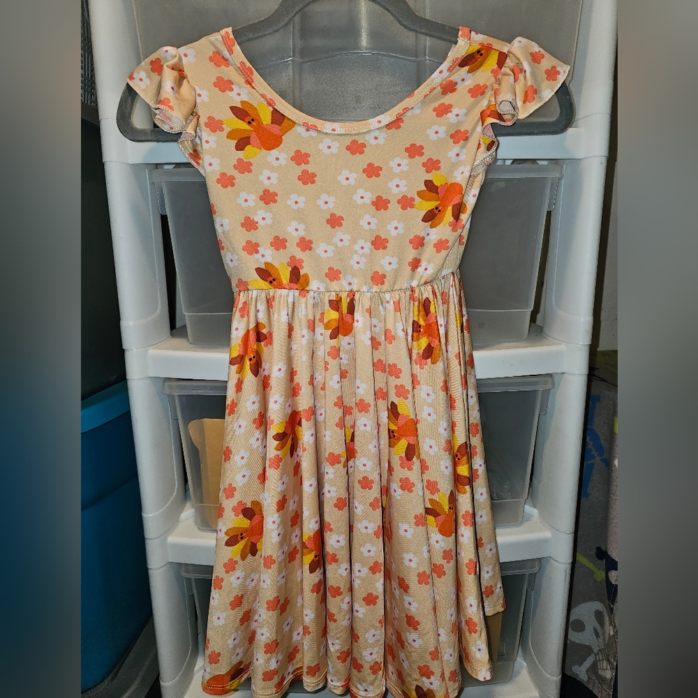 Dot Dot Smile Dress Girl's 5/6 Orange Turkey Flowers Empire Waist